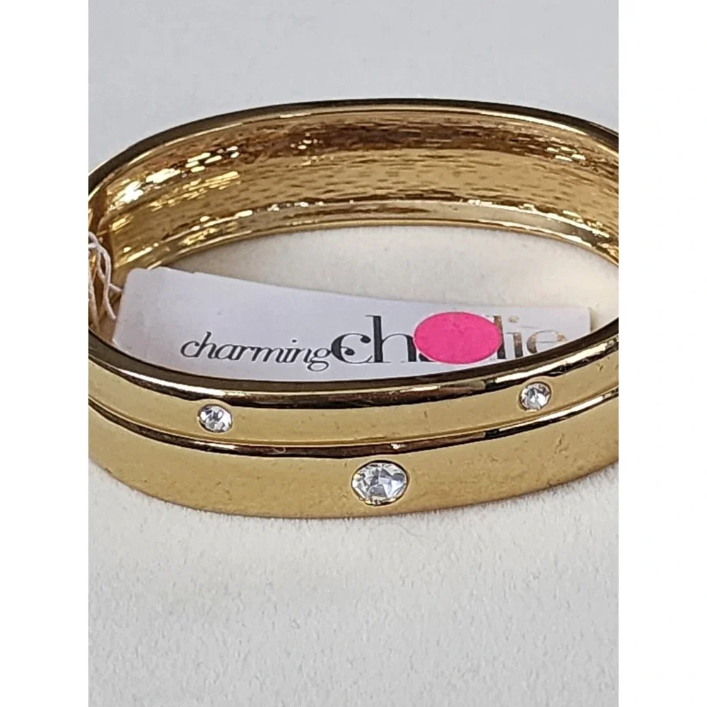 New CHARMING CHARLIE Gold Tone & Rhinestone Hinged‎ Bangle Bracelet